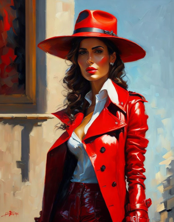 Woman in Red Hat and Jacket Painting: Confident and Stylish Portrait