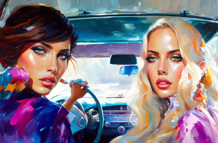 Vibrant, stylized women in colorful car scene