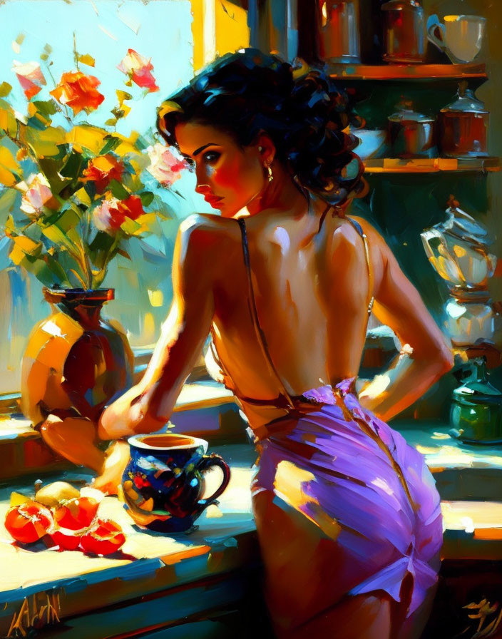 Woman in Purple Dress Holding Cup by Window with Oranges and Flowers in Warm Light