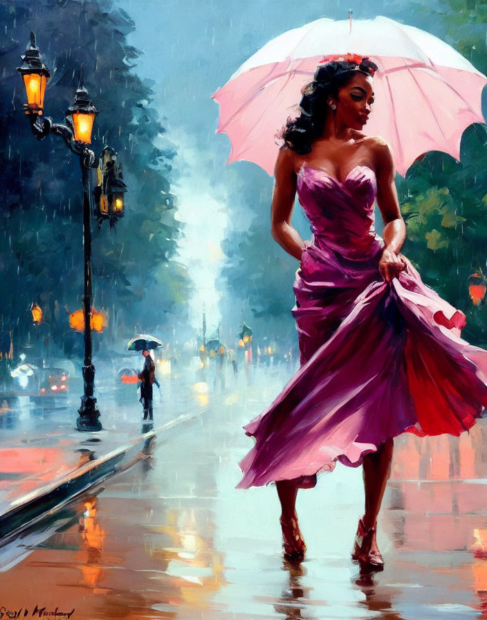 Woman in purple dress with pink umbrella walking on rain-slicked street among vintage lampposts