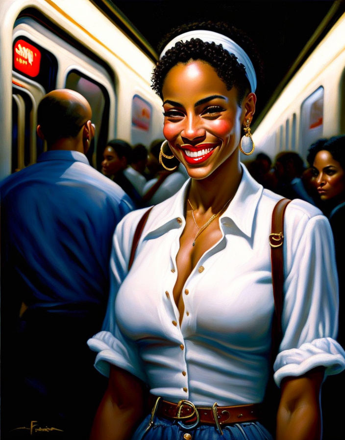 Smiling woman in headband and white blouse on crowded subway car