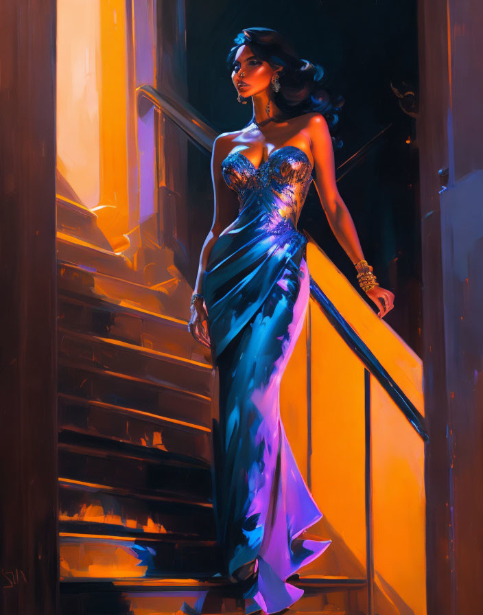 Elegant Woman in Shimmering Blue Gown Descending Staircase