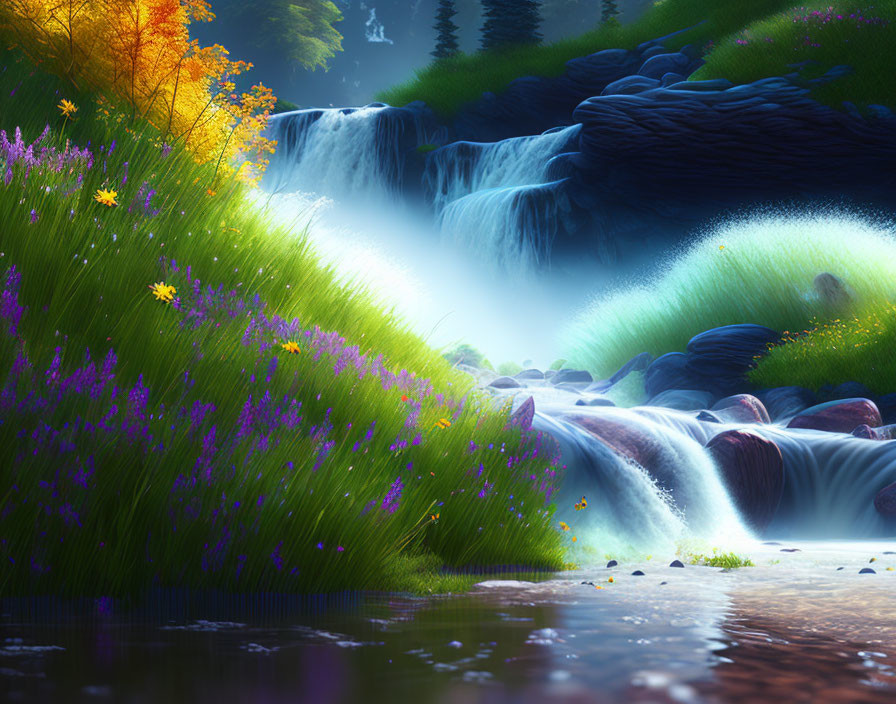 Digital Art: Cascading Waterfall in Lush Greenery