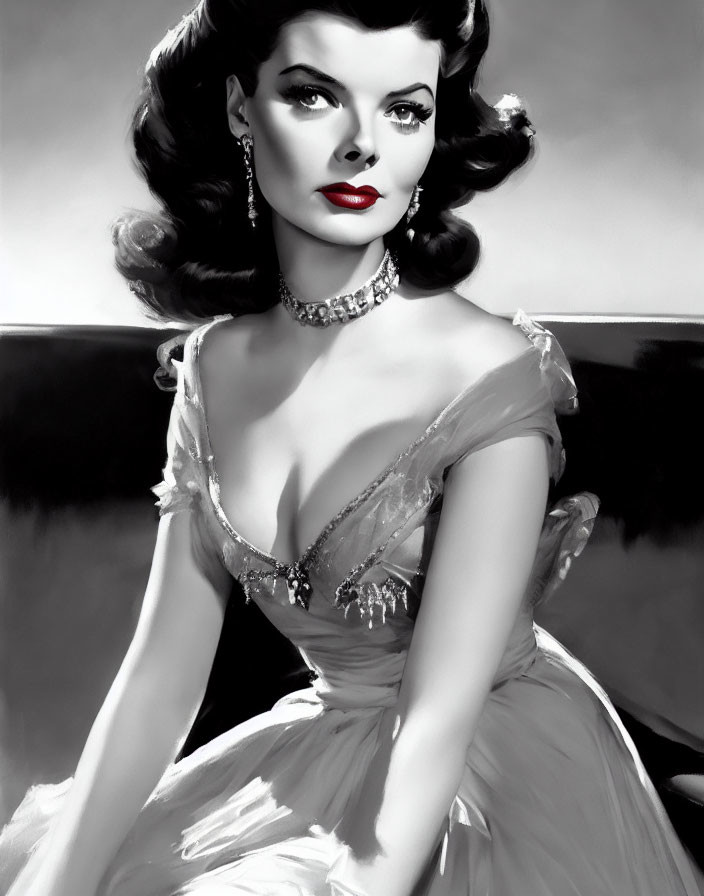 Vintage style woman with voluminous hairdo in low-cut gown and choker necklace in black and white