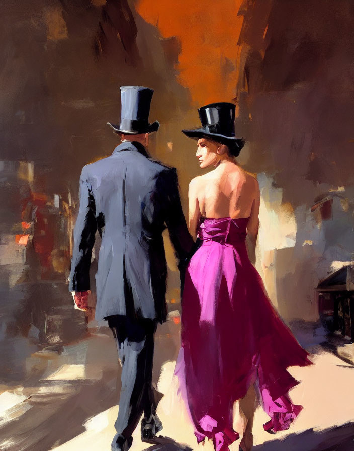 Vintage Attired Couple in Tailcoat and Purple Dress Stroll Together