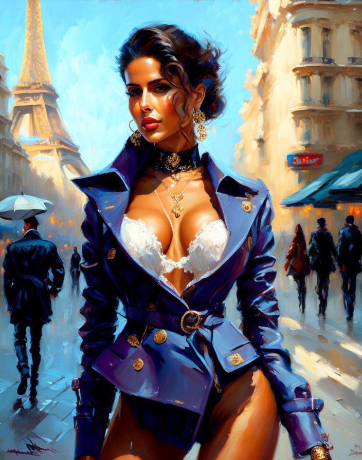 Stylized portrait of a woman in blue coat at Eiffel Tower