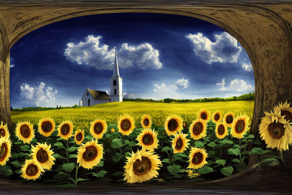 Panoramic church scene in yellow field with sunflowers and blue sky