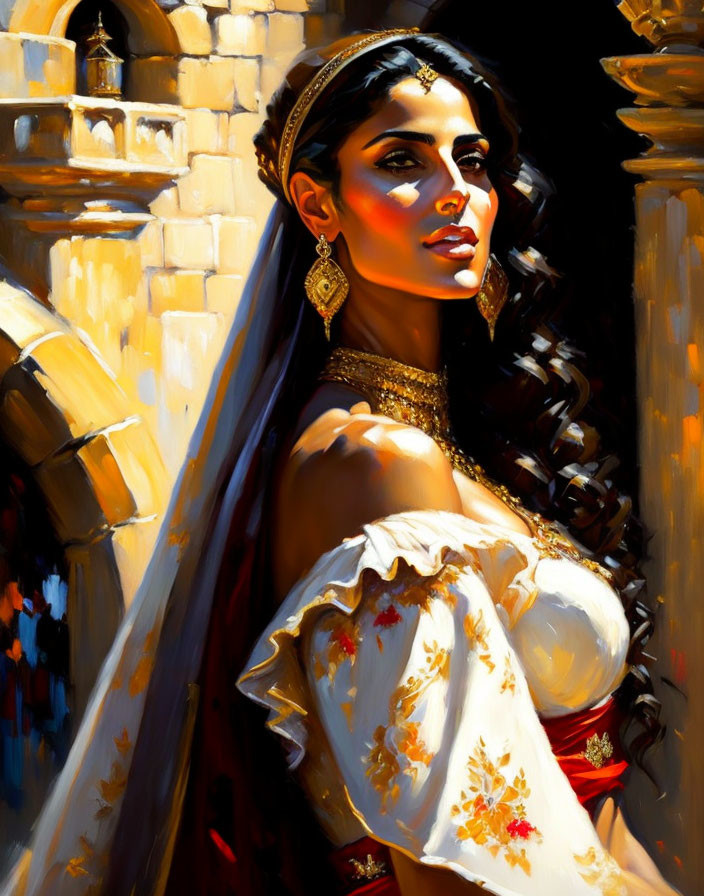 Illustrated woman in traditional attire with headpiece and jewelry under warm lighting.