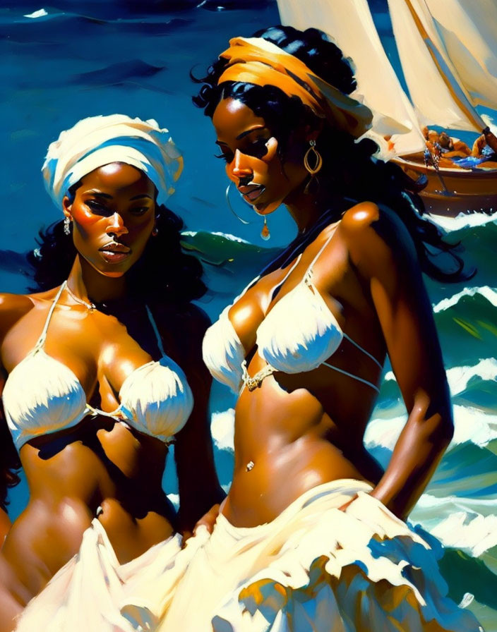 Two women in white bikinis and headwraps by the water with boat and waves in the background