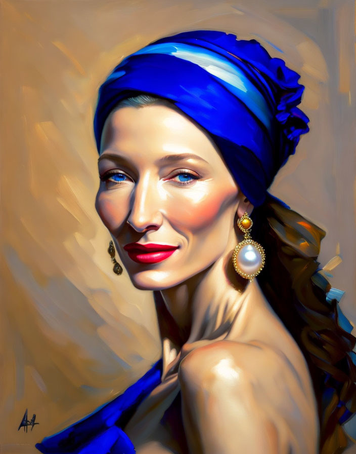 Portrait of woman with blue headscarf, blue eyes, pearl earrings, and braid.