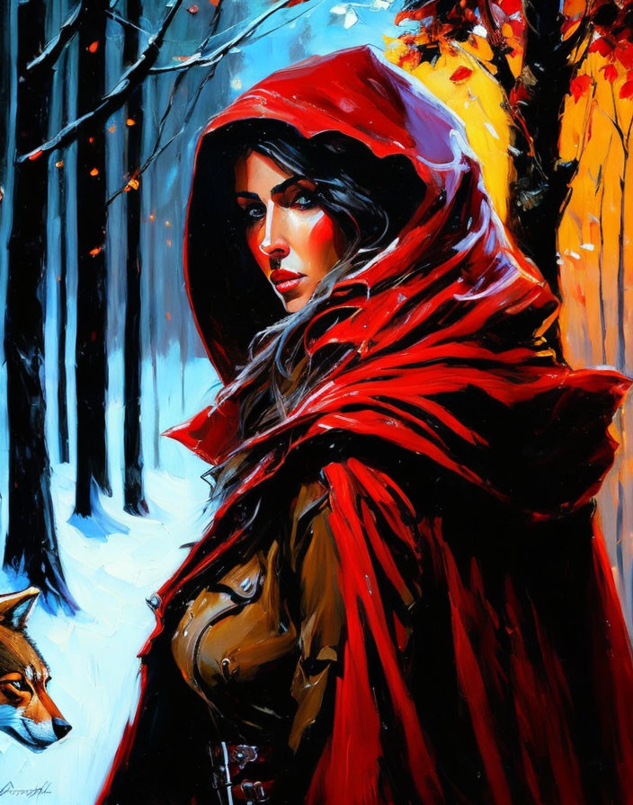 Woman in Red Hood Contemplating in Snowy Forest with Fox