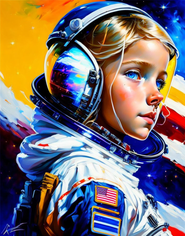 Colorful Painting: Young Astronaut with USA Flag Patch in Space