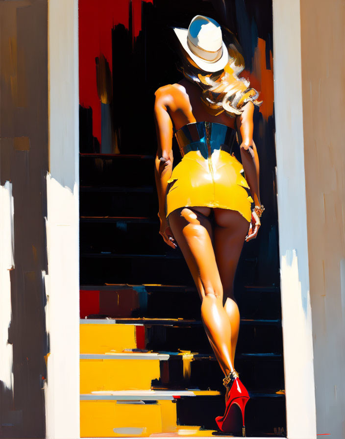 Woman in yellow dress and white hat climbing sunlit stairs with red high heels shadow.