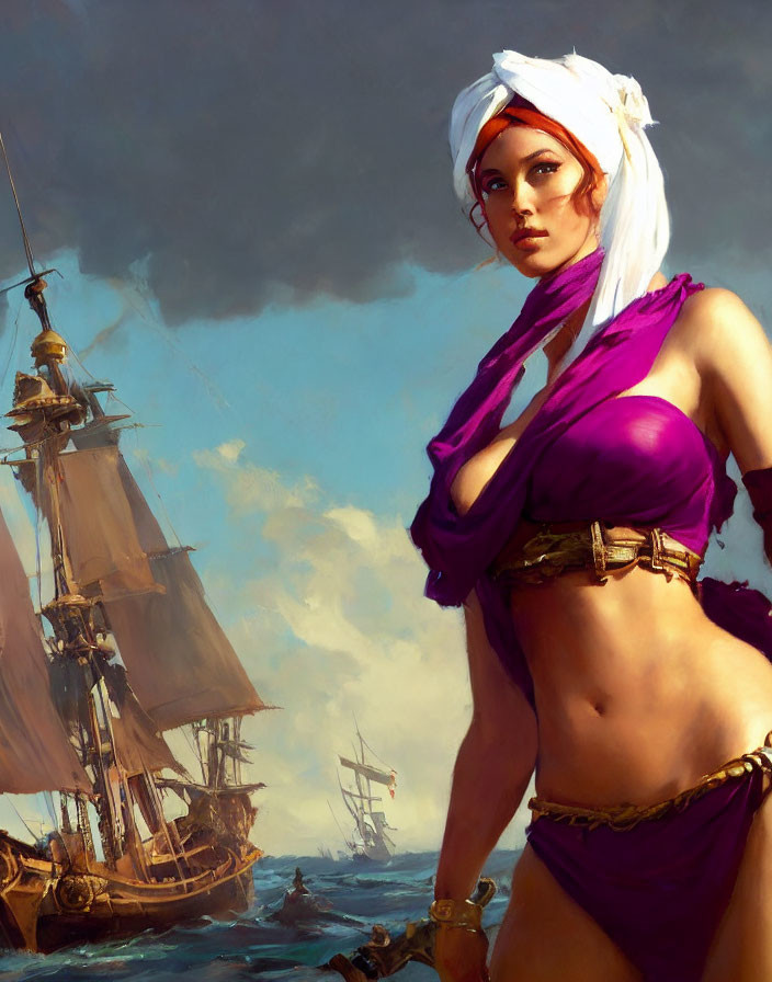 Digital artwork of a woman in pirate attire with ship and sea background