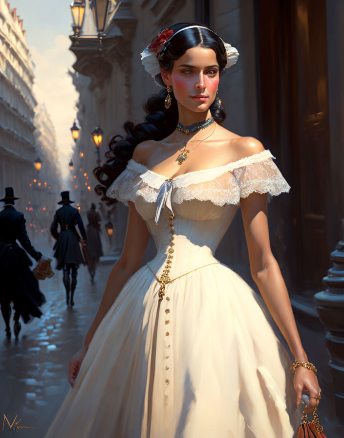 Vintage white dress woman with red flower in hair on sunlit street