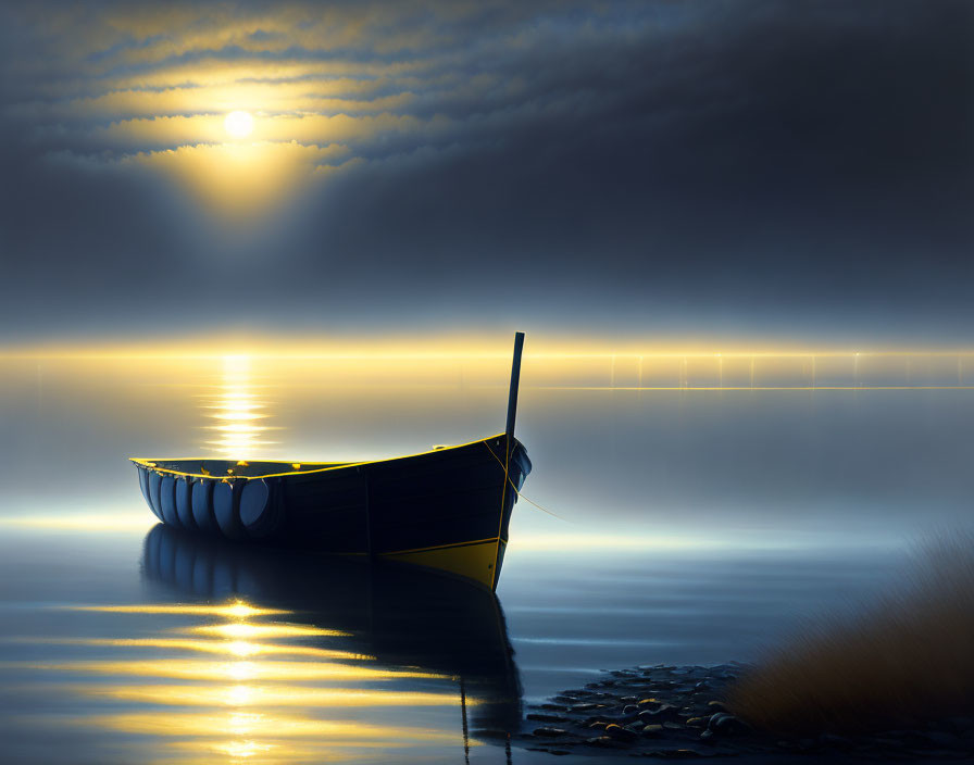 Moonlit waters: serene boat under reflective sky