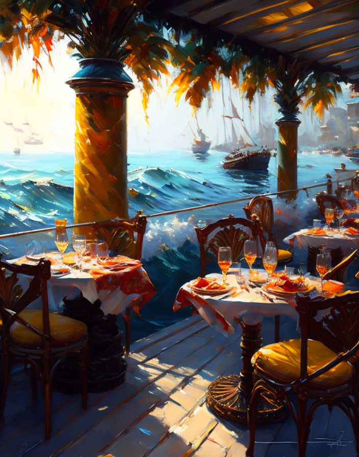 Elegant seaside dining setup under a canopy with golden sunset lighting