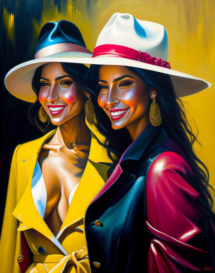 Two Women in Stylish Hats and Bold Outfits Smiling Against Yellow Background