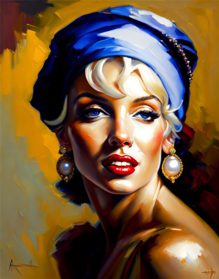 Vibrant painting of woman with blue headscarf and red lipstick