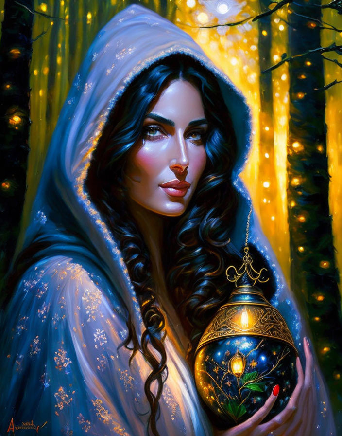 Dark-haired woman in blue cloak with glowing lantern in mystical forest