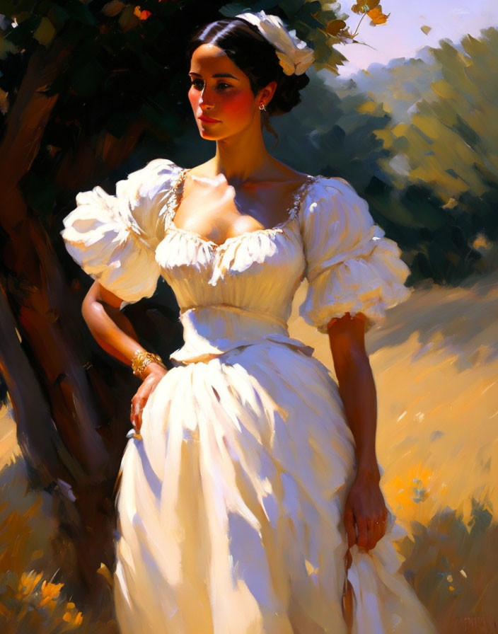 Woman in White Vintage Dress with Puffed Sleeves in Sunlit Field