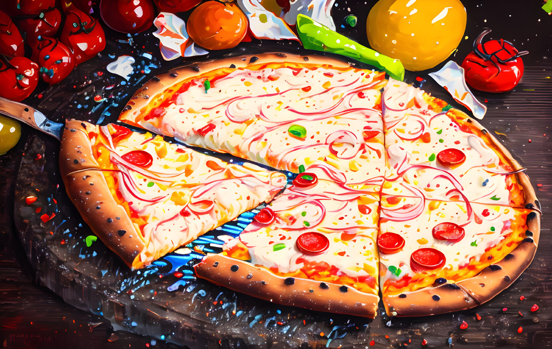 Vibrant pizza illustration with pepperoni, onions, bell peppers, tomatoes, and garlic on dark