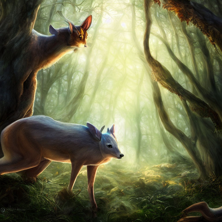 Stylized deer in mystical forest with light beams