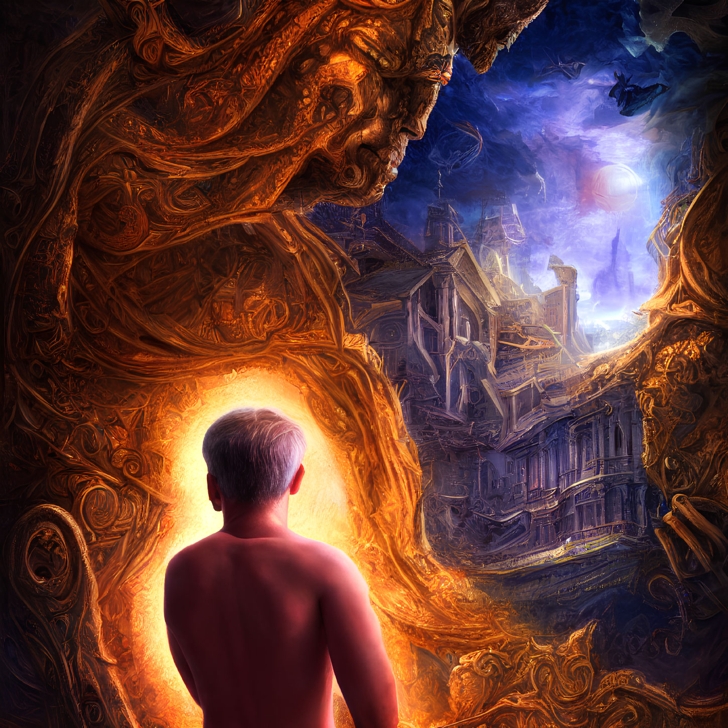 Shirtless man gazes at mystical cityscape through swirling portal