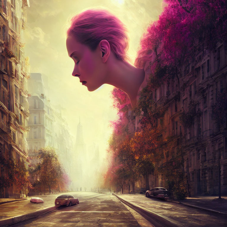 Composite Image: Woman's Profile with Pink Hair & City Street with Blooming Purple Trees