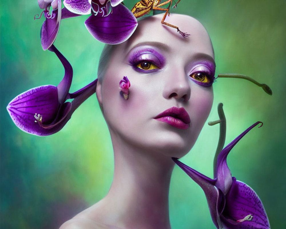 Woman with Purple Makeup and Orchids Poses with Mantis on Head