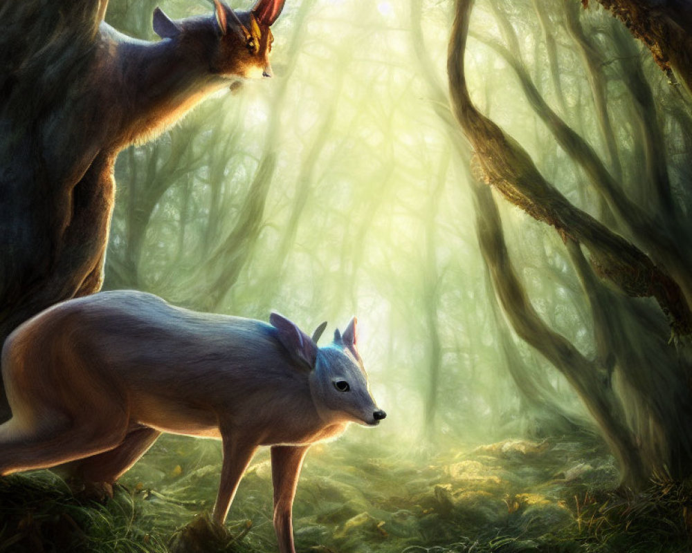 Stylized deer in mystical forest with light beams