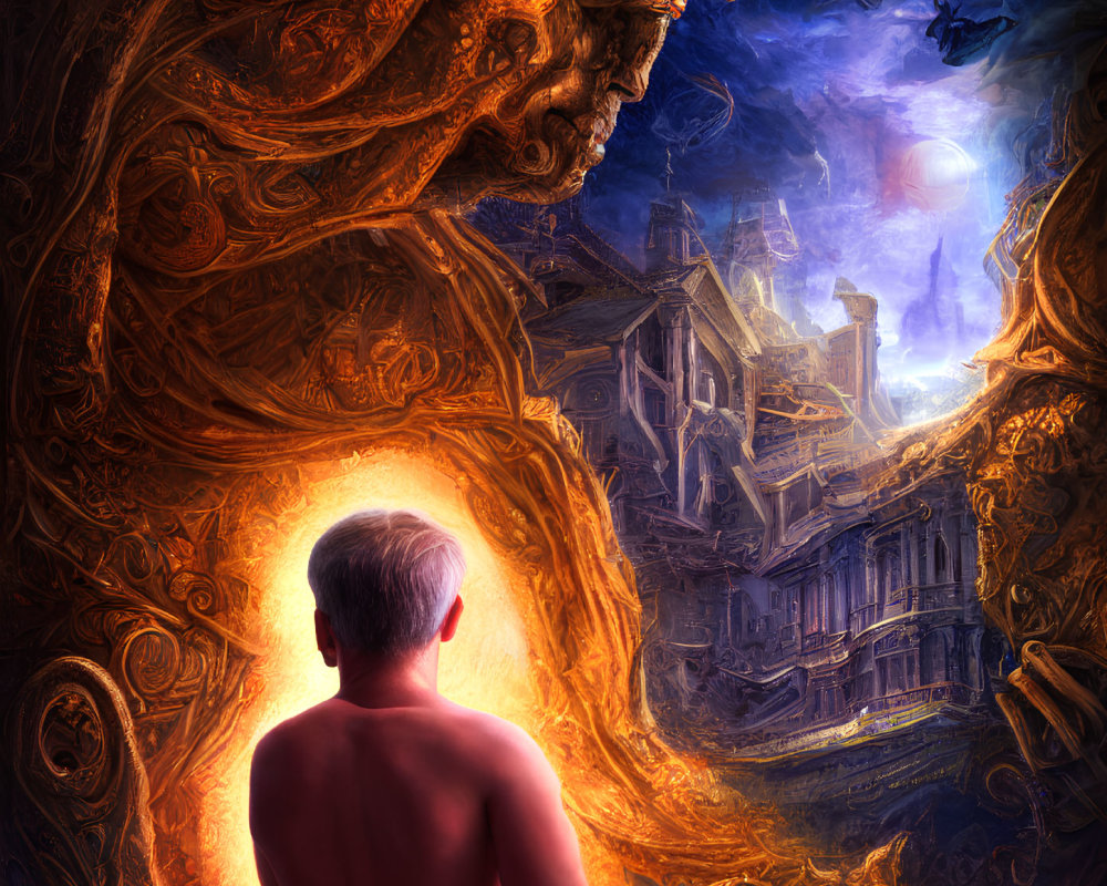 Shirtless man gazes at mystical cityscape through swirling portal