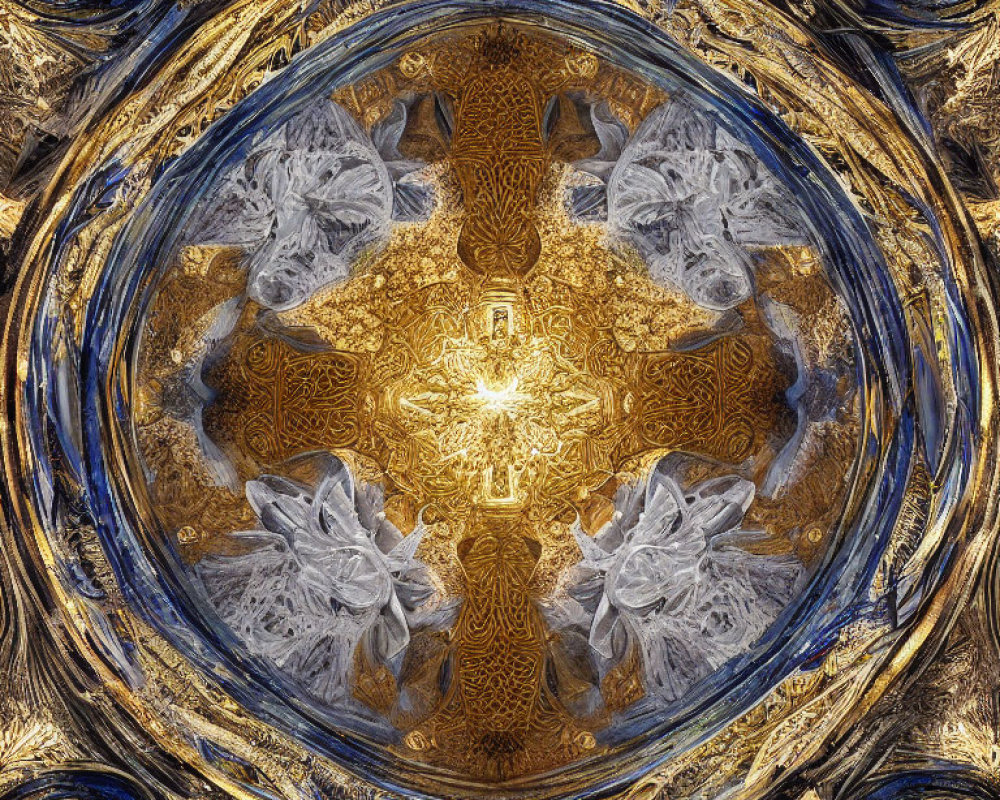 Symmetrical Fractal Pattern in Golden and Blue Hues