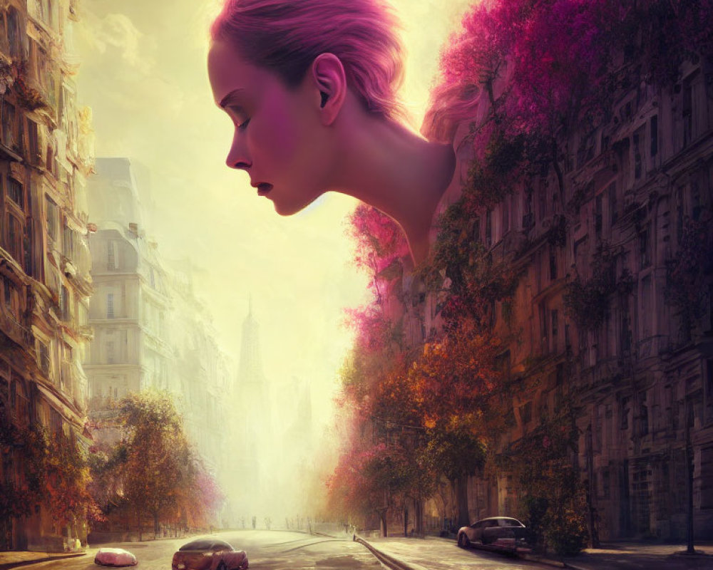 Composite Image: Woman's Profile with Pink Hair & City Street with Blooming Purple Trees