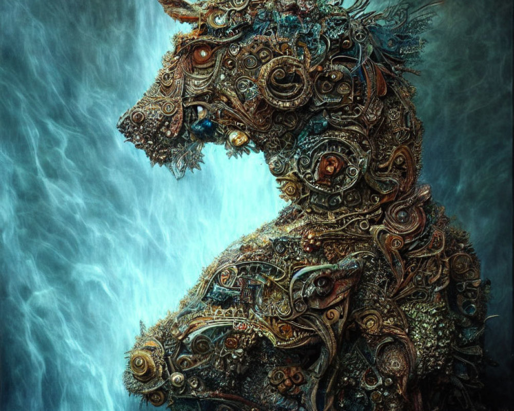 Steampunk-style horse sculpture with gears and metal parts, set against misty waterfall.