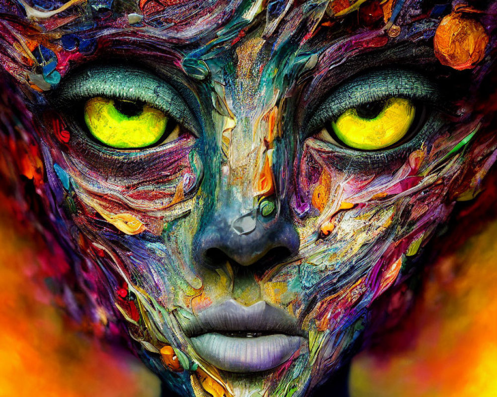 Vibrant Face Painting with Colorful Hues and Yellow Eyes