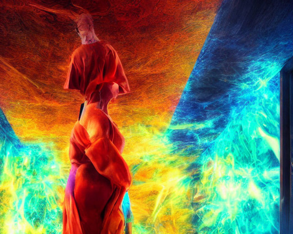 Blurred face person in surreal space with vibrant blue and orange colors