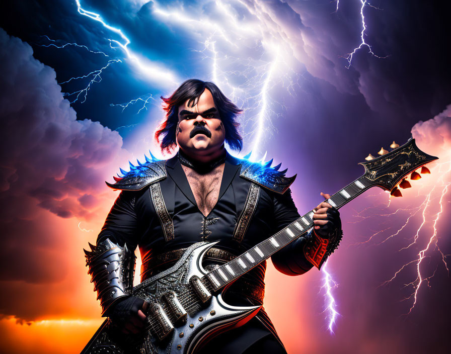 Dramatic portrait of person in heavy makeup with guitar and lightning backdrop