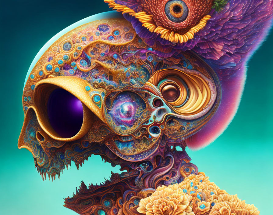 Colorful psychedelic skull illustration with intricate patterns