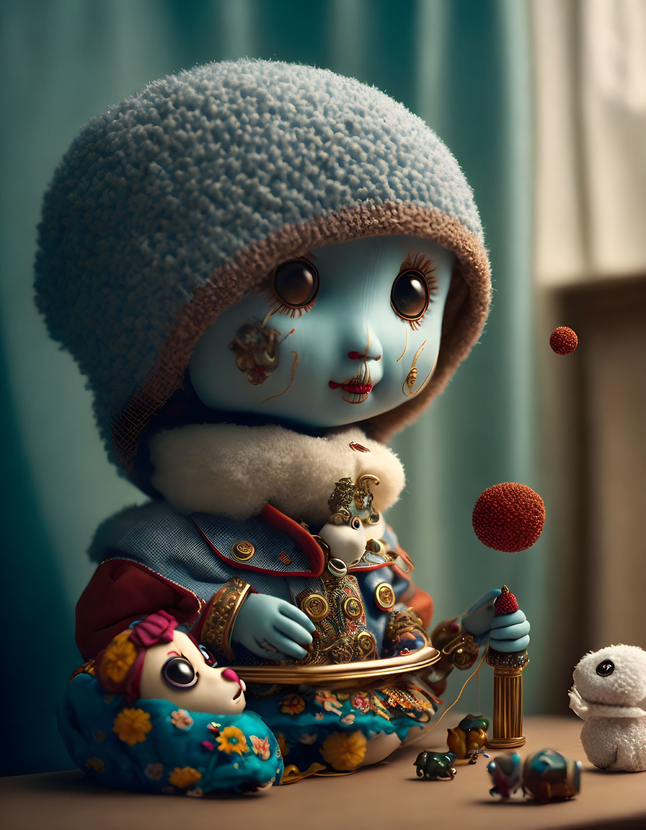 Detailed Illustration: Whimsical Blue Doll with Miniature Creatures