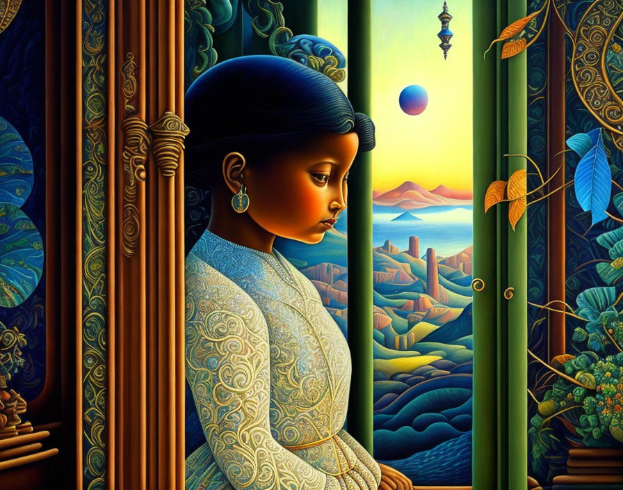 Pensive young woman gazes at surreal landscape with vibrant colors