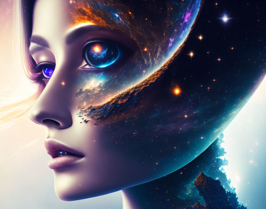 Female face merges with cosmic scene: stars, nebulas, vibrant colors