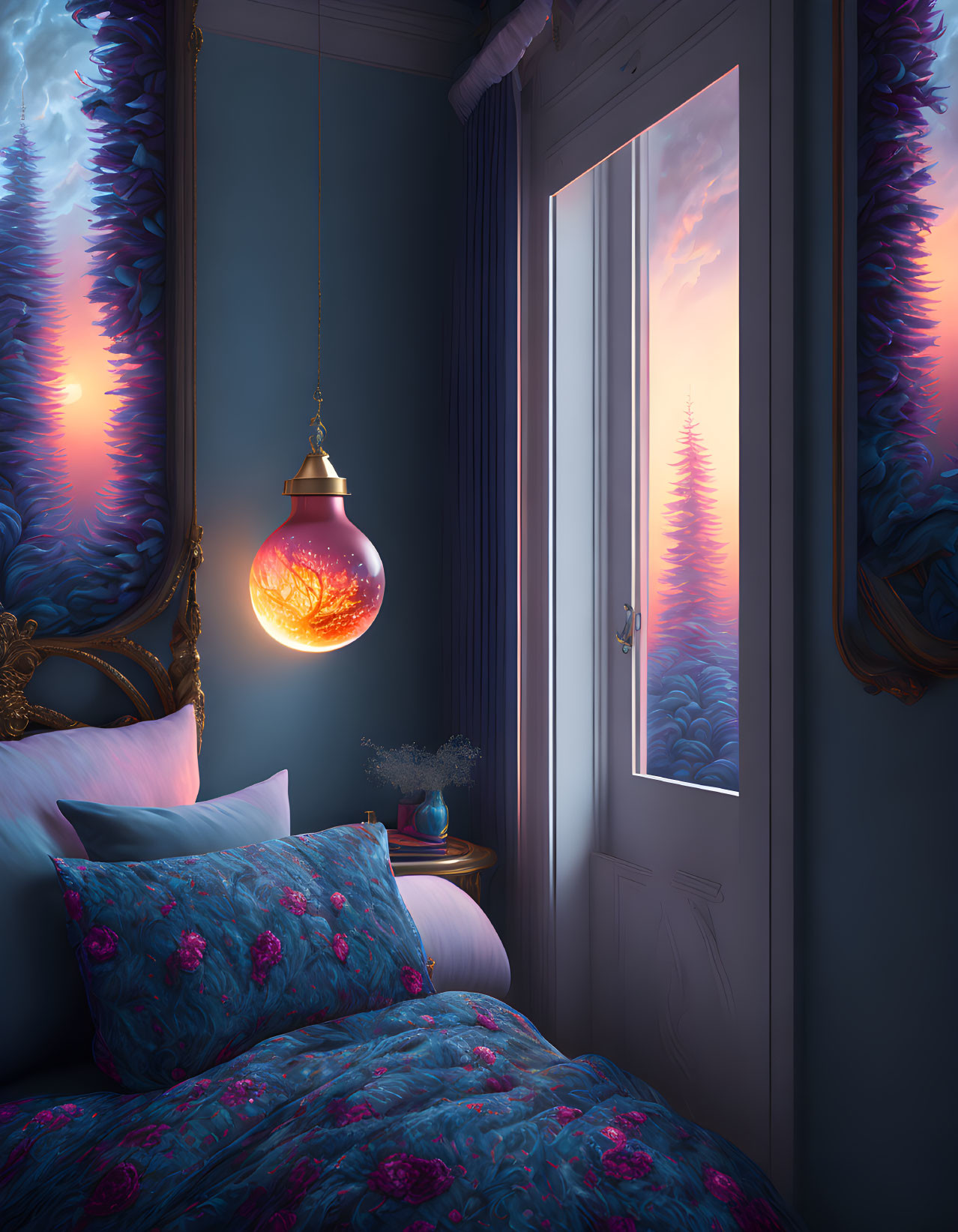 Cozy bedroom at dusk with forest view and blue floral decor