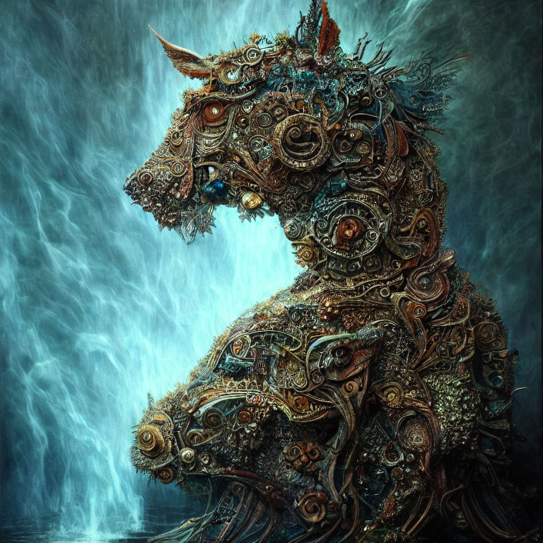 Steampunk-style horse sculpture with gears and metal parts, set against misty waterfall.