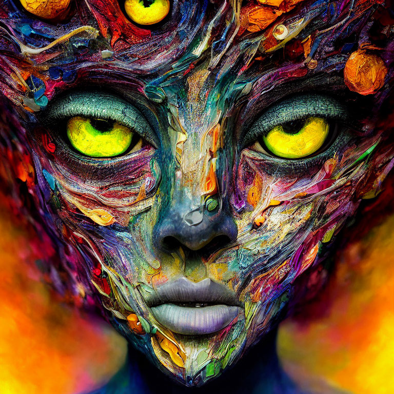 Vibrant Face Painting with Colorful Hues and Yellow Eyes