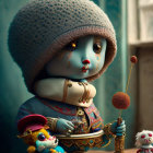 Detailed Illustration: Whimsical Blue Doll with Miniature Creatures