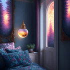 Cozy bedroom at dusk with forest view and blue floral decor