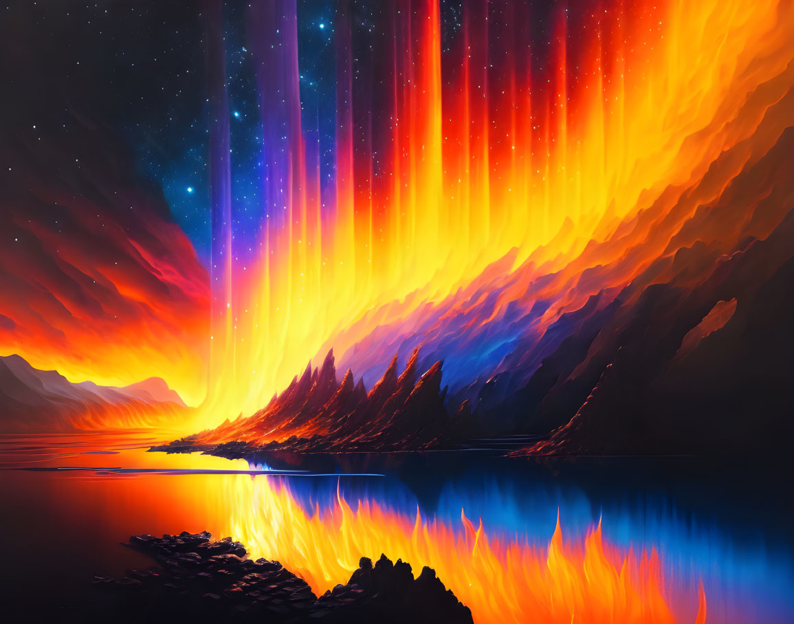 Surreal landscape digital painting with fiery aurora and starry night sky