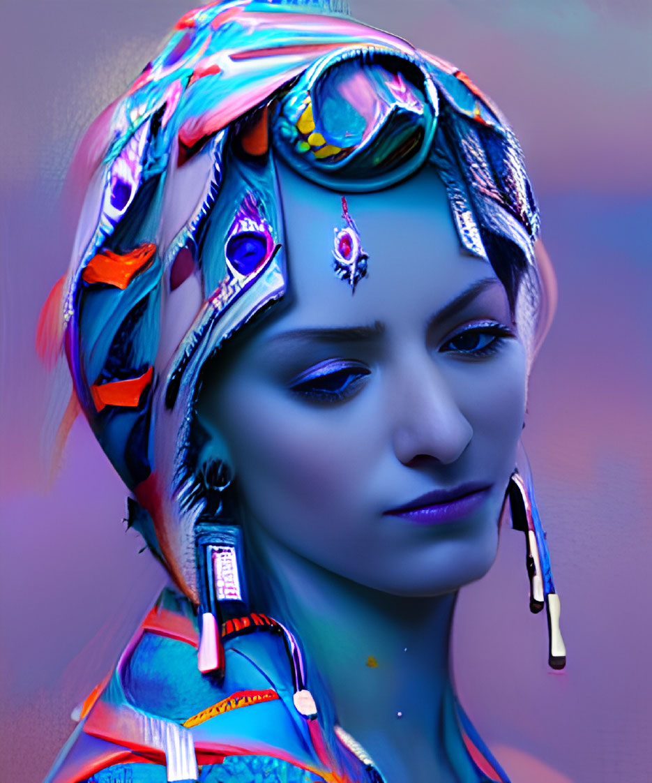 Colorful Headwrap and Makeup with Blues, Purples, and Reflective Surfaces