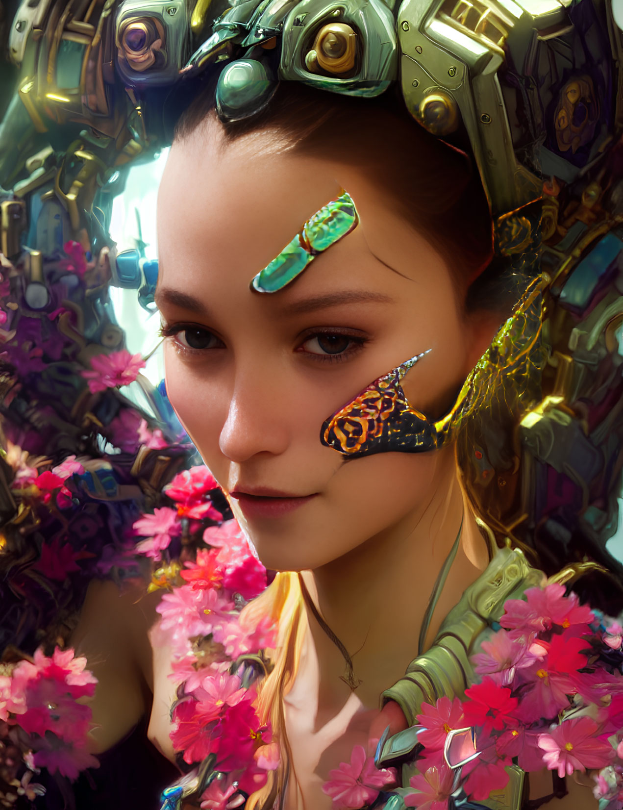 Serene woman in futuristic headset with flowers and butterflies